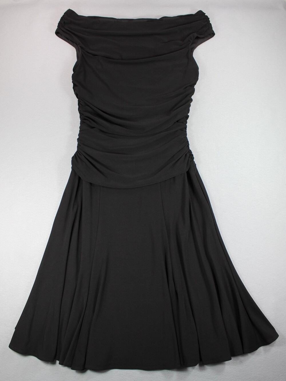 Marina Dress Womens M Black Off Shoulder Ruched Fit Flare Midi Party Cocktail